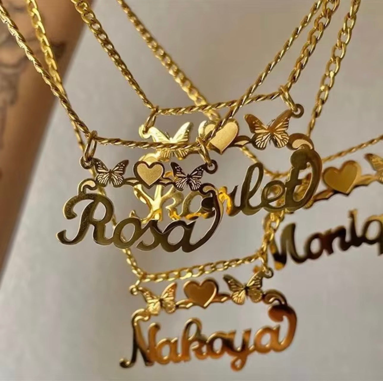 Custom Name Plate Necklace with Butterfly & Heart