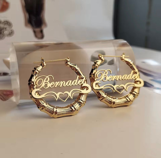 Custom Bamboo Hoop Earrings with Heart