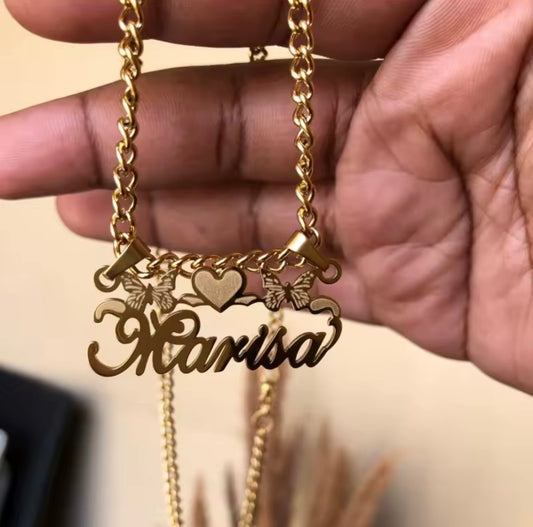 Custom Name Plate Necklace with Butterfly & Heart