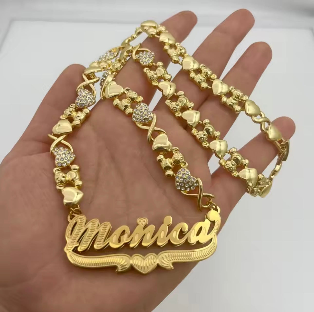 Teddy Bear Custom Double Name Plate Necklace