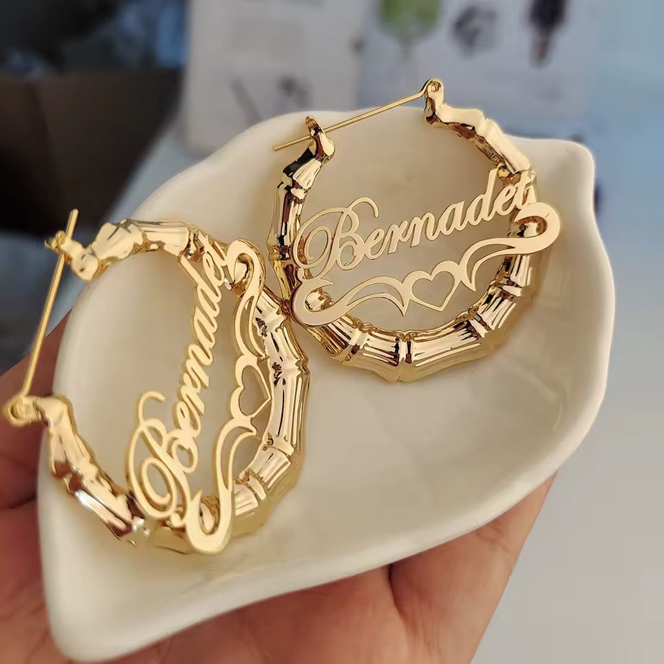 Custom Bamboo Hoop Earrings with Heart