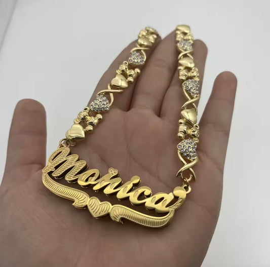 Teddy Bear Custom Double Name Plate Necklace